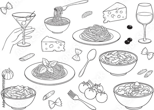 Italian Pasta and Wine Line Art Illustration Set