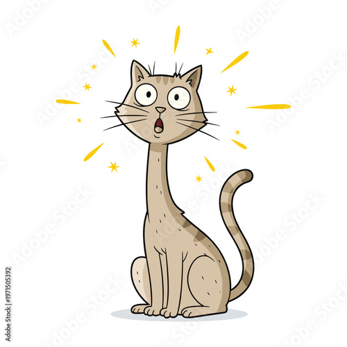 Cartoon illustration of a surprised cat with a long neck and wide eyes looking shocked