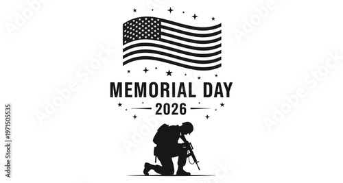 Soldier Kneeling with Rifle Under American Flag Waving for Memorial Day Remembrance