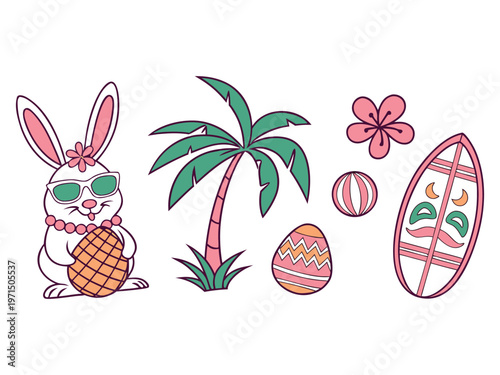 Tropical easter bunny with surfboard and palm tree vector illustration