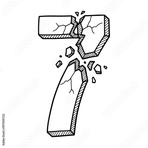Hand-drawn black and white illustration of a shattered and broken number seven digit