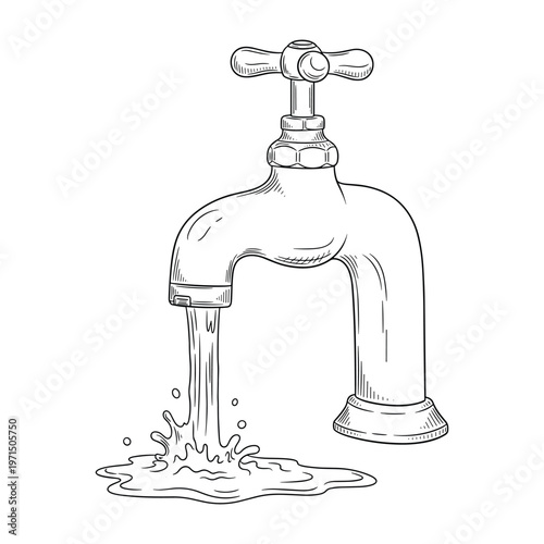 Black and white hand drawn sketch of a water tap with flowing water and splash on white background.