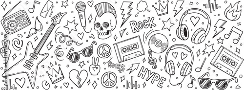 Rock Music and Punk Culture Doodle Illustration Set