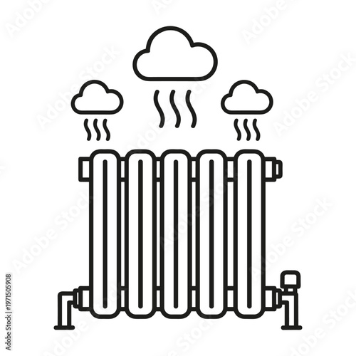 Line art illustration of a central heating radiator emitting warmth and steam clouds.