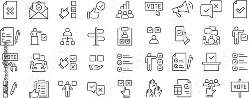 Voting web 36 icons in line style. Vote box, candidates, form, approved, checklist, online, rating, collection. Editable stroke.