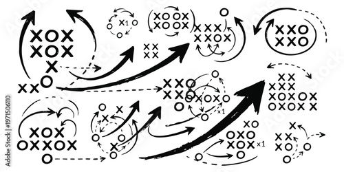 A black and white diagram showing complex strategic game moves with arrows and tic tac toe grids