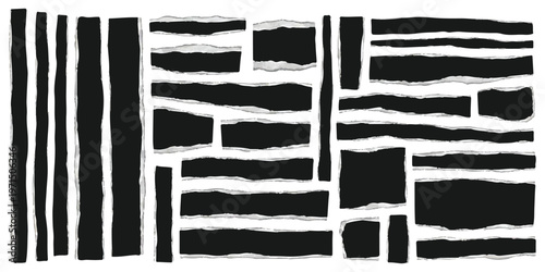 Abstract composition featuring a variety of black geometric shapes against a stark white background