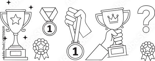 Award and Success Line Art Illustration Set Featuring Trophies and Medals