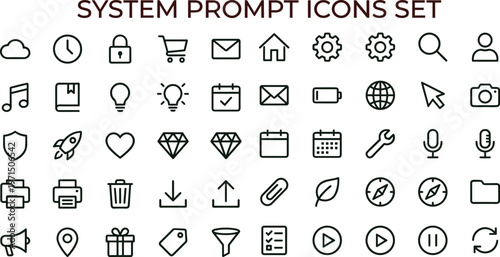 System prompt outline icon set featuring interface controls communication productivity security connectivity symbols for web applications dashboards and automation platforms