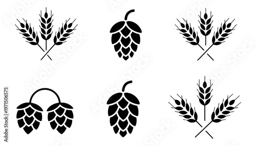 Various black silhouette icons depict different forms of hop cones and cross-shaped wheat bundles.