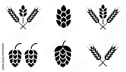 A set of black silhouette icons showcases different varieties of wheat ears and hop cones.