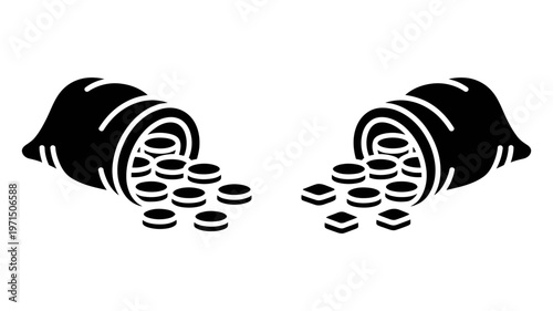 Two identical black silhouette pots are shown spilling a generous amount of shiny gold coins.