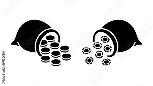 Two black silhouette pots are depicted spilling an abundance of coins and sparkling precious gems.