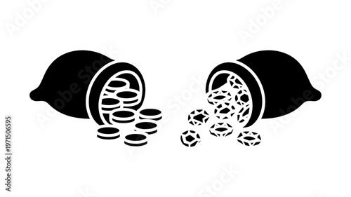 Two black silhouette pottery jars are shown spilling a treasure of coins and sparkling diamonds.