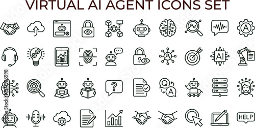 Virtual AI agent outline icon set featuring chatbot automation analytics neural network assistance interface symbols for web applications dashboards platforms