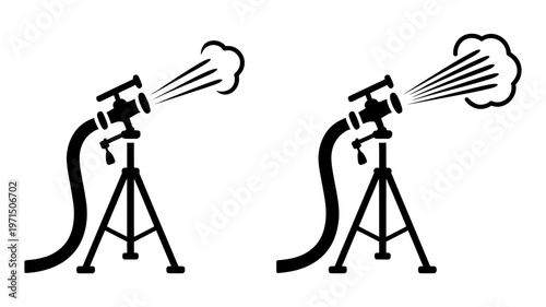 Two black silhouette icons show a snow cannon operating with varying output on a stable tripod.