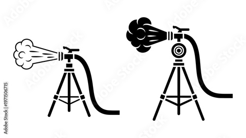 These black icons portray two snow cannons on tripods producing different intensities of artificial snow.