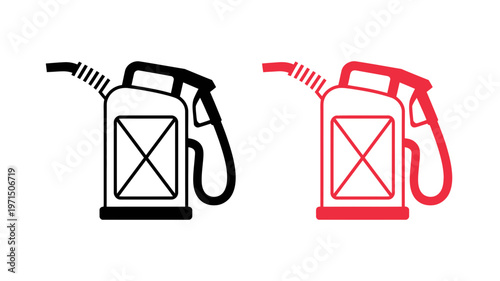 Two stylized icons illustrate a jerrycan fuel container, one in black and one in red.