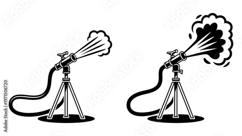 Two identical snow cannons on tripods demonstrate varied artificial snow output in this black icon set.
