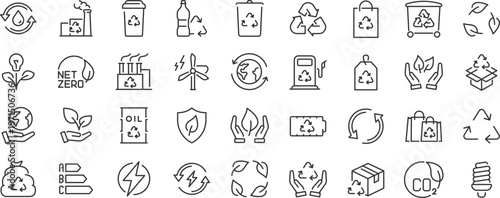 Recycling web 36 icons in line style. Garbage, environmental, plastic, organic waste, recycle plant, collection. Editable stroke.