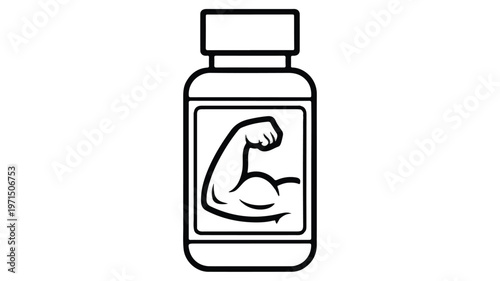 Stylized line art of a fitness supplement bottle featuring a strong bicep icon, symbolizing power, health, and athletic performance for bodybuilding and workout routines
