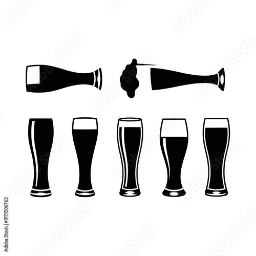 Beer Bottle Pouring into Glasses, Silhouette Icon Set