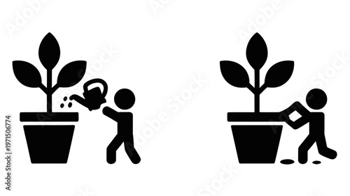 Simple stick figure icons illustrating a person watering and another person tending a potted plant.