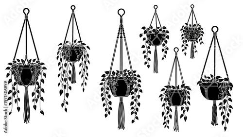 Boho Macrame Plant Hangers with Trailing Plants - Black and White Silhouette