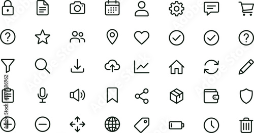 Universal interface outline icon set featuring communication navigation security files analytics connectivity symbols for web applications dashboards and mobile platforms