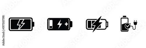 Battery charging icon set. Lightning bolt, power plug, energy level indicators flat vector symbols for electricity and technology isolated on white background