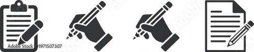 Clipboard and pencil icon set with hand writing symbols representing note taking, editing and office education vector illustration