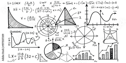 A detailed collection of various mathematical diagrams and complex abstract scientific formulas.