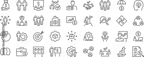 Business Cooperation web 36 icons in line style. Meeting, partnership, business people, audience, briefing, plan, collection. Editable stroke.