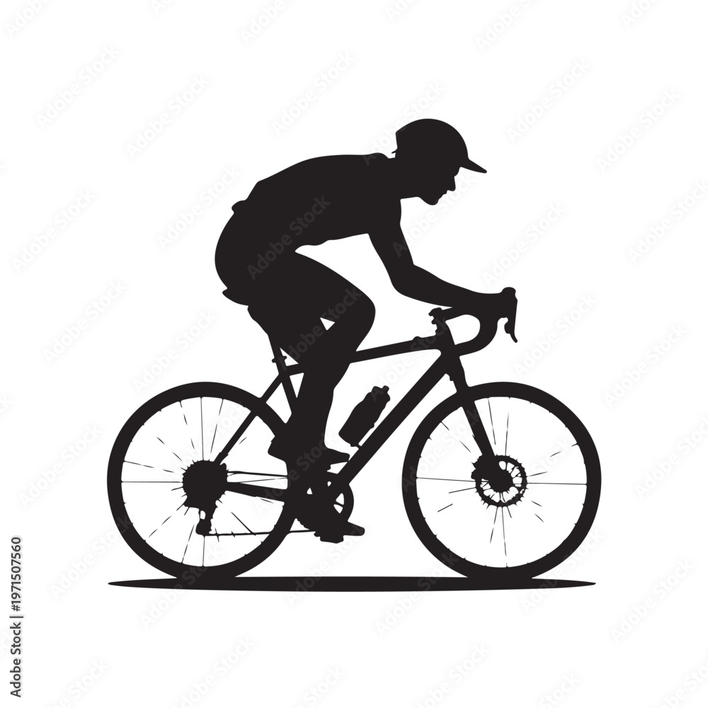 Obraz premium Black silhouette cyclist man riding bicycle on road wearing helmet active sports person racing bike athletic movement outdoor activity.