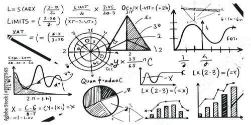 A detailed mathematical whiteboard full of complex equations graphs and geometric diagrams