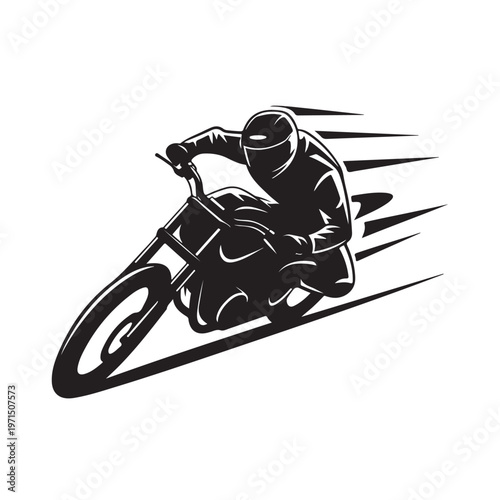 Black silhouette of racing motorcycle with rider leaning into corner at high speed against white background for dynamic automotive design.