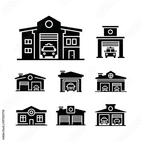 Collection of Garage Icons: Fire Station, Carport, Workshop, Home Garage