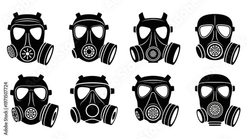 Collection of Gas Masks, Black and White Silhouette Icons, Protection Equipment