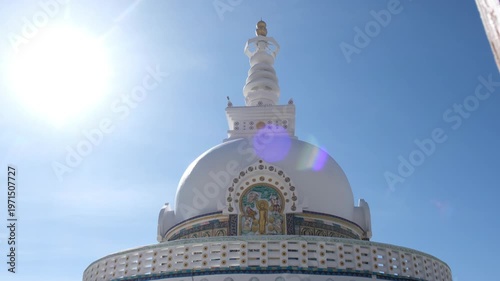 Cinematic Revealing Shot of Shanti Stupa in Leh, Ladakh, India, in the morning.