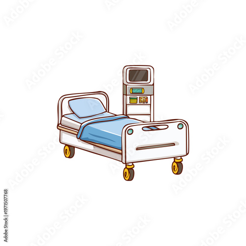 Illustration of a modern hospital patient bed with essential medical equipment, representing healthcare, recovery, and the general medical environment