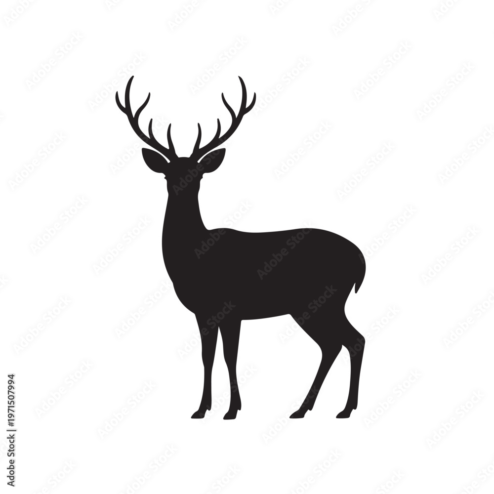 Fototapeta premium Elegant deer silhouette with large antlers standing in profile view on white background for wildlife conservation and nature branding design.
