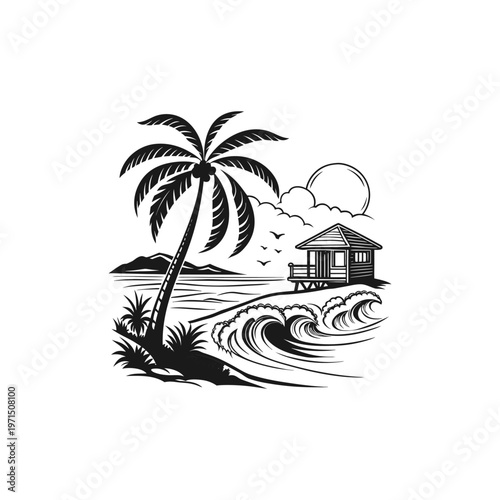 Tropical beach scene with palm tree beach hut and ocean waves in a vintage woodcut style.