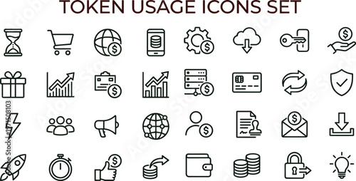 Digital token usage outline icon set featuring payment analytics security wallet transactions cloud connectivity symbols for finance applications dashboards
