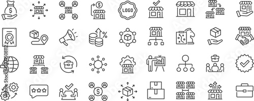 Franchise web 36 icons in line style. Business, location, brand, shop, agreement, retail, distribution. Editable stroke.