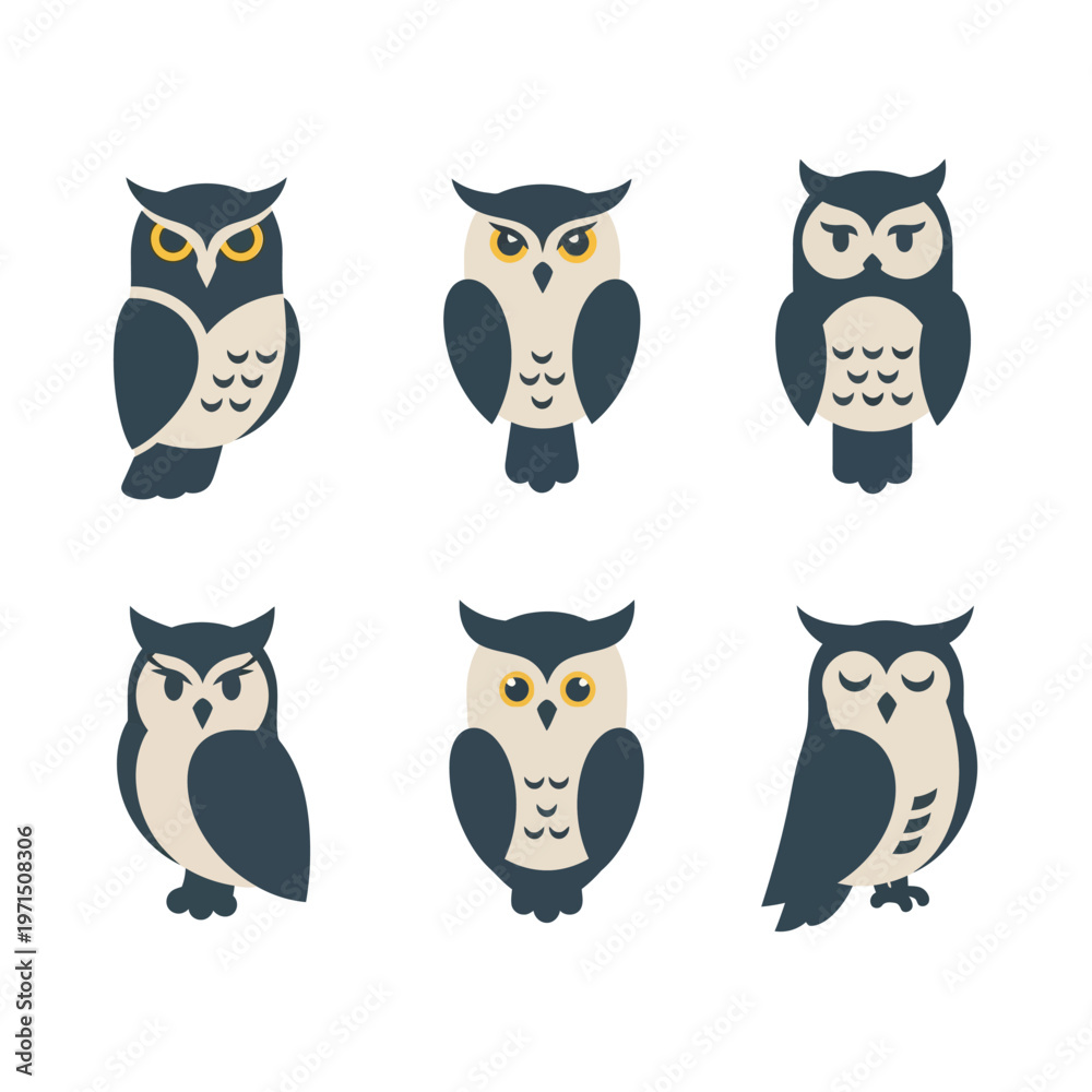 Obraz premium Cute Owl Collection: Six Adorable Cartoon Birds with Big Eyes