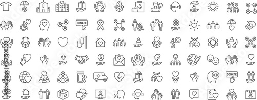 Set of Volunteering and charity web 84 icons in line style. Donate, donor, doctor, care, help, support, collection. Editable stroke.