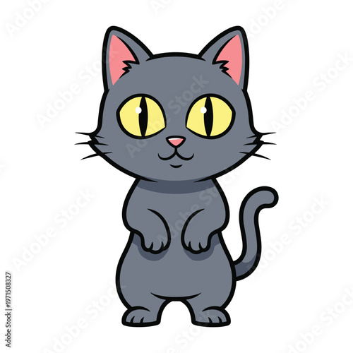 Cute cartoon illustration of a grey cat standing on its hind legs with yellow eyes.