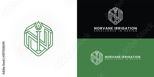 A refined green monogram featuring interlocking 'N' and 'I' within a hexagonal frame. This is topped with a stylised water droplet and star, representing premium, professional irrigation services.