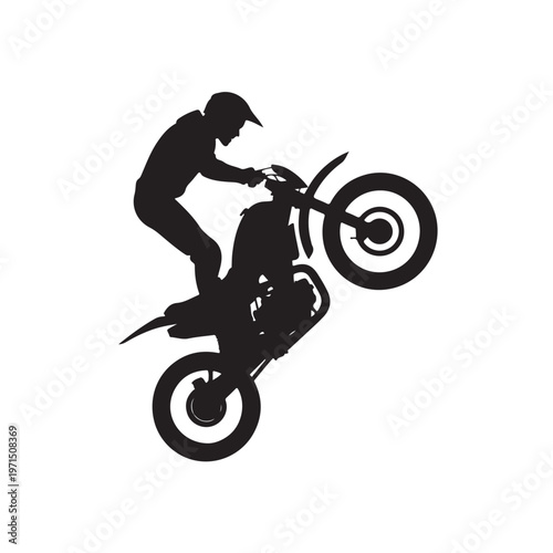 Motocross rider performing a wheelie on dirt bike silhouette isolated on white background extreme sport action.