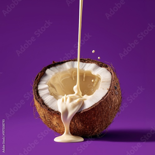 A coconut with milk being poured into it on a purple background